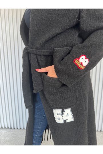 Dlouhý černý kabátový svetr Lilien s třásněmi a výšivkami, originální styl, zavazování v pase