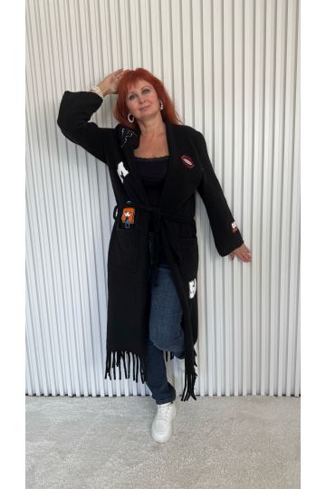 Dlouhý černý kabátový svetr Lilien s třásněmi a výšivkami, originální styl, zavazování v pase