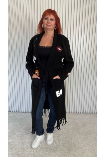 Dlouhý černý kabátový svetr Lilien s třásněmi a výšivkami, originální styl, zavazování v pase