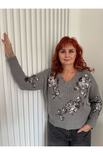 Dámský pletený svetr Natalie s flitrovou výšivkou, šedý / růžový, květinový motiv