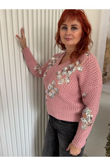 Dámský pletený svetr Natalie s flitrovou výšivkou, šedý / růžový, květinový motiv