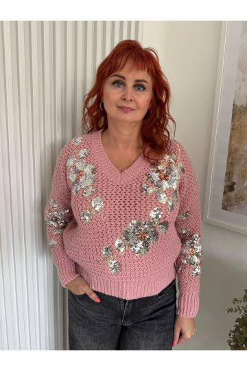 Dámský pletený svetr Natalie s flitrovou výšivkou, šedý / růžový, květinový motiv