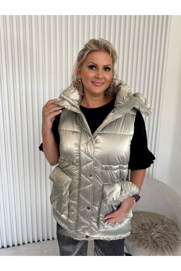 Dámská lesklá prošívaná vesta Naty s vysokým límcem zlatá nebo světle zelená