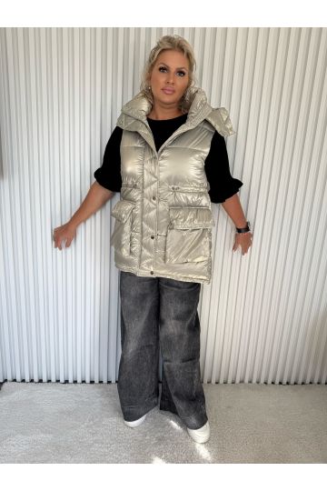 Dámská lesklá prošívaná vesta Naty s vysokým límcem zlatá nebo světle zelená