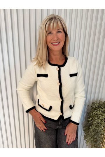 Dámský elegantní bílý svetr Loreta na zapínání s černými lemy