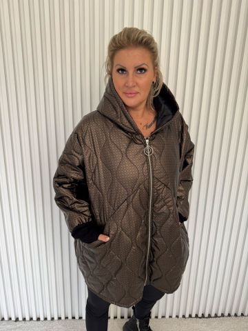 Dámská přechodová prošívaná bunda Kamila s kapucí a pletenými manžetami ve zlaté barvě