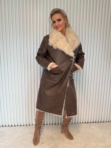 Dámský luxusní dlouhý hnědý kabát s kožešinou