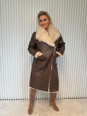 Dámský luxusní dlouhý hnědý kabát s kožešinou