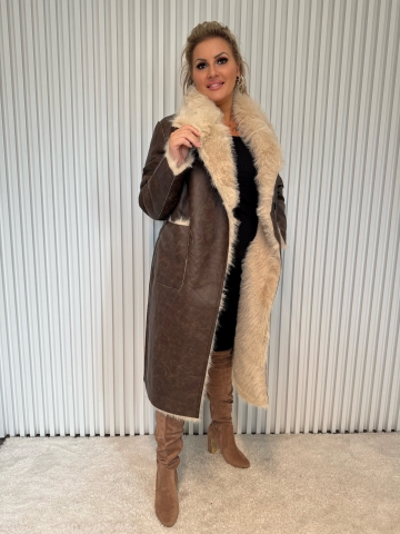 Dámský luxusní dlouhý hnědý kabát s kožešinou