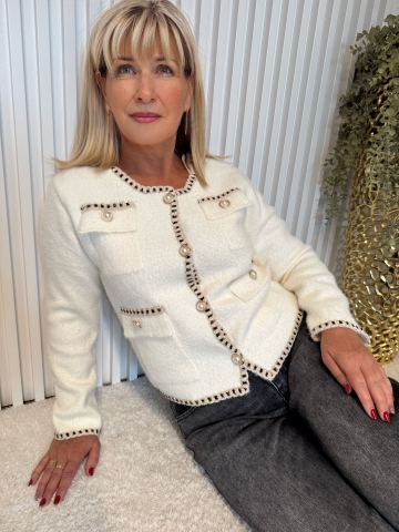 Dámský elegantní svetr s lemem a perlovými knoflíky, ve dvou barvách