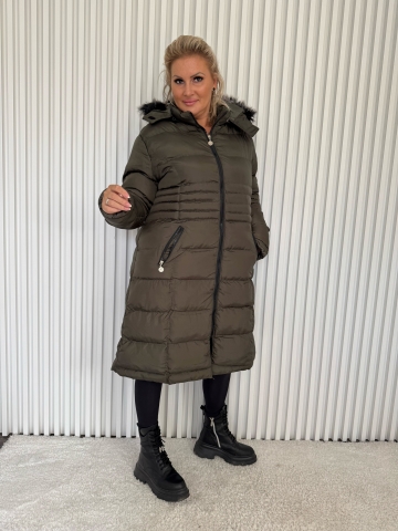 Dámská dlouhá zimní bunda s kapucí v khaki barvě