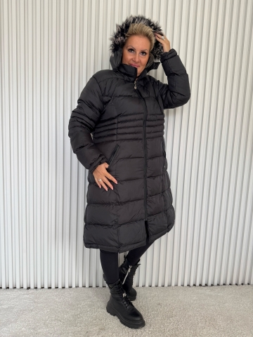 Dámská dlouhá zimní bunda s kapucí v tmavě modré barvě