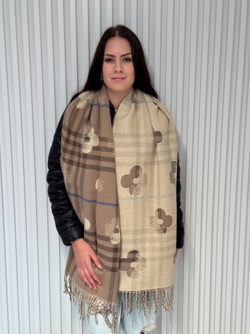 Oboustranná hřejivá šála s květinovým a kostkovaným vzorem