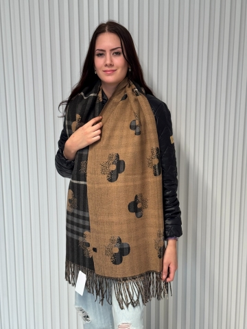 Oboustranná hřejivá šála s květinovým a kostkovaným vzorem