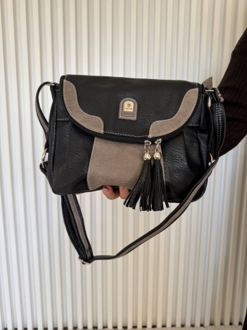 Elegantní dámská kabelka černo-šedá s třásněmi