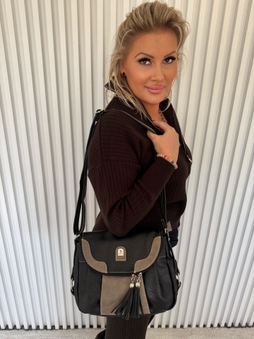 Elegantní dámská kabelka černo-šedá s třásněmi
