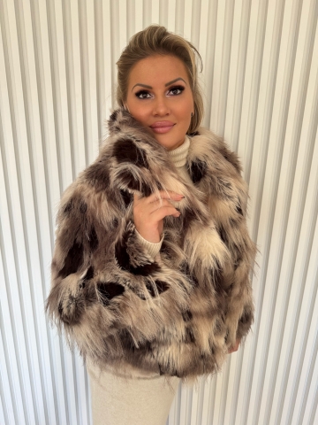Dámský luxusní krátký kožich Teddy vícebarevný v kombinaci s bílou, hnědou, šedou a černou barvou