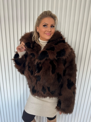 Dámský luxusní krátký kožich Teddy hnědý v kombinaci s černou