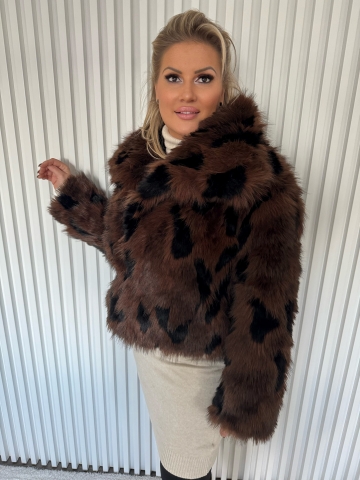 Dámský luxusní krátký kožich Teddy hnědý v kombinaci s černou