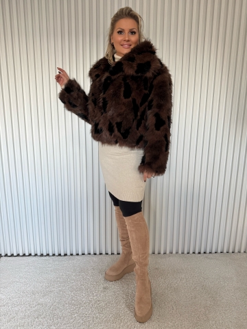 Dámský luxusní krátký kožich Teddy hnědý v kombinaci s černou