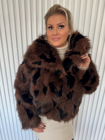 Dámský luxusní krátký kožich Teddy hnědý v kombinaci s černou