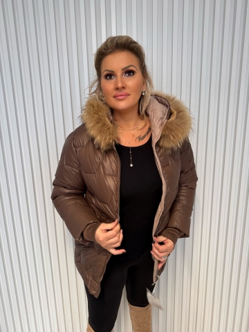 Dámská zimní hnědá bunda Katrin s kožešinou na kapuci