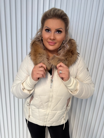 Dámská zimní krémová bunda Katrin s kožešinou na kapuci