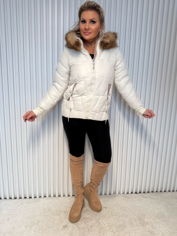 Dámská zimní krémová bunda Katrin s kožešinou na kapuci