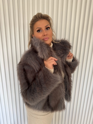 Luxusní dámský krátký kožíšek, z umělé kožešiny v šedohnědé barvě