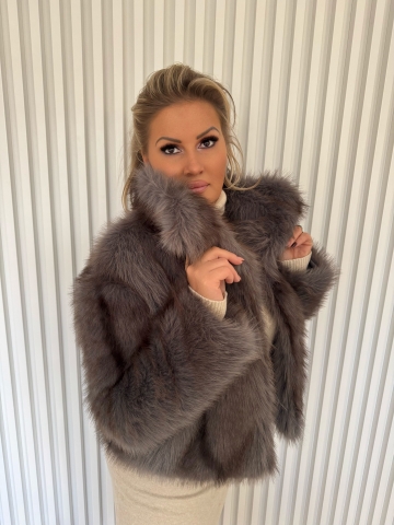 Luxusní dámský krátký kožíšek, z umělé kožešiny v šedohnědé barvě