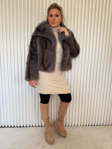 Luxusní dámský krátký kožíšek, z umělé kožešiny v šedohnědé barvě
