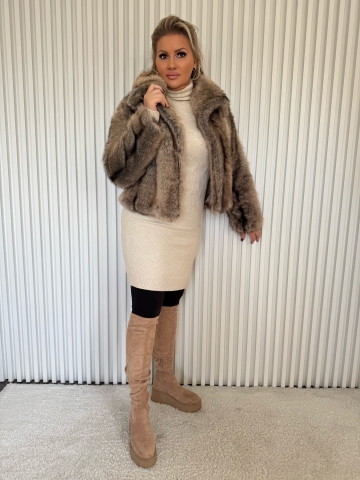 Dámský světle hnědý kožich do pasu z umělé kožešiny