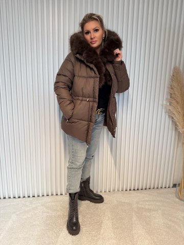 Dámská luxusní hnědá bunda Ariel s bohatou kožešinou