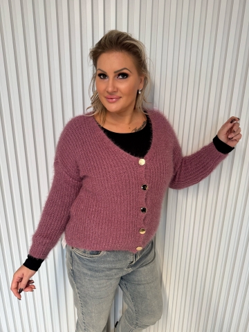 Dámský propínací svetr Klaudie s mohérem ve vínové, růžové a světle béžové barvě