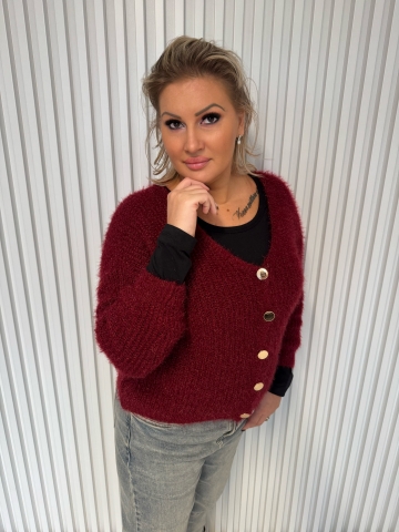 Dámský propínací svetr Klaudie s mohérem ve vínové, růžové a světle béžové barvě