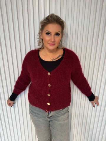 Dámský propínací svetr Klaudie s mohérem ve vínové, růžové a světle béžové barvě