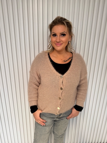 Dámský propínací svetr Klaudie s mohérem ve vínové, růžové a světle béžové barvě