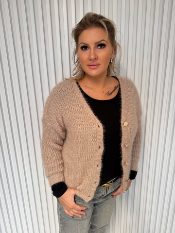 Dámský propínací svetr Klaudie s mohérem ve vínové, růžové a světle béžové barvě