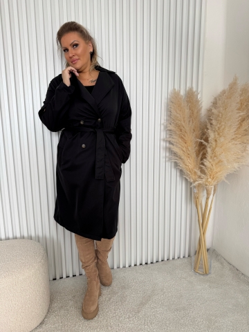 Dámský černý dlouhý dvouřadový kabát Vanet s páskem