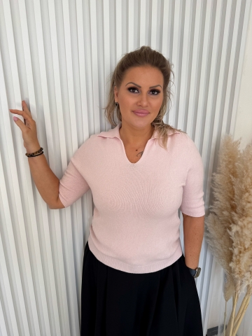 Dámský krátký růžový elastický svetr s polodlouhým rukávem Paula