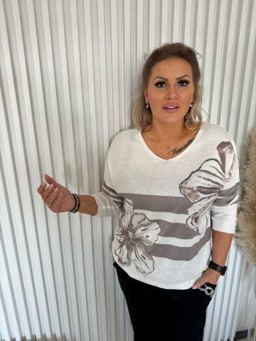 Dámský elastický svetr Flóra slonová kost s květy v hnědé barvě