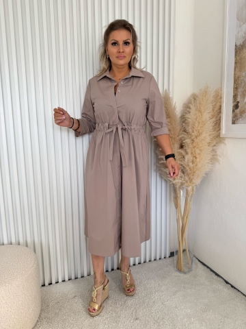 Dámské dlouhé mocca elastické šaty Xenie na knoflíky s vázačkou v pase