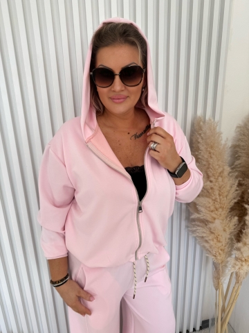 Dámská vycházková krátká růžová mikina Dino na zip s kapucí