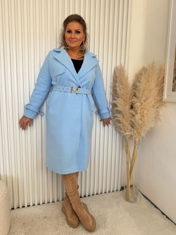Dámský dlouhý modrý kabát s páskem Hanny na knoflíky