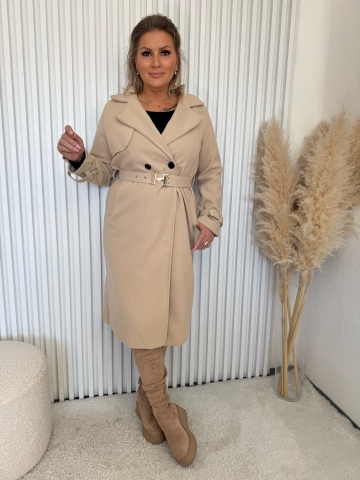 Dámský dlouhý mocca kabát s páskem Hanny na knoflíky