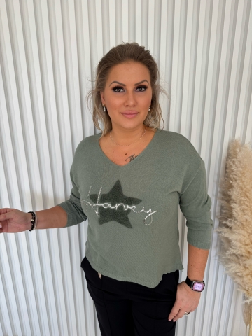 Dámský olivový elastický svetr s dlouhým rukávem Annie