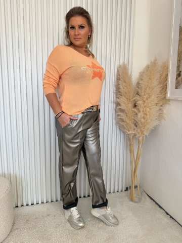Dámské pohodlné  lesklé kalhoty Lady z imitace kůže v pase se zlatou přezkou