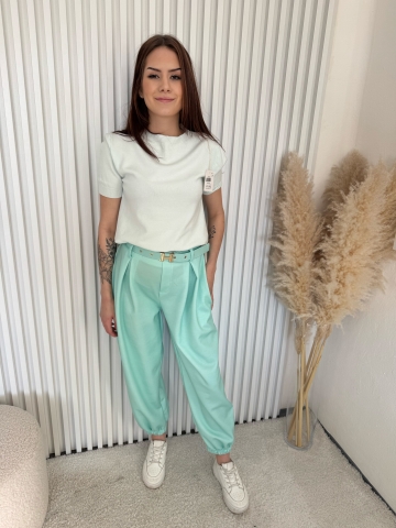 Dámské mint elegantní kalhoty Claire dole na gumu s opaskem