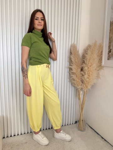 Dámské žluté elegantní kalhoty Claire dole na gumu s opaskem