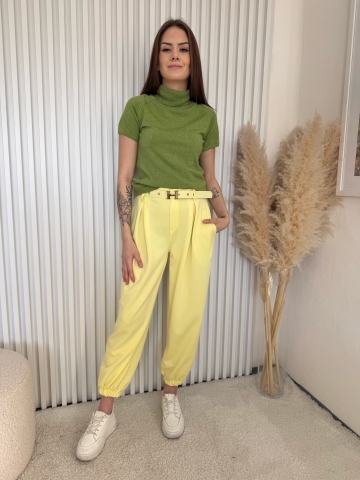 Dámské žluté elegantní kalhoty Claire dole na gumu s opaskem